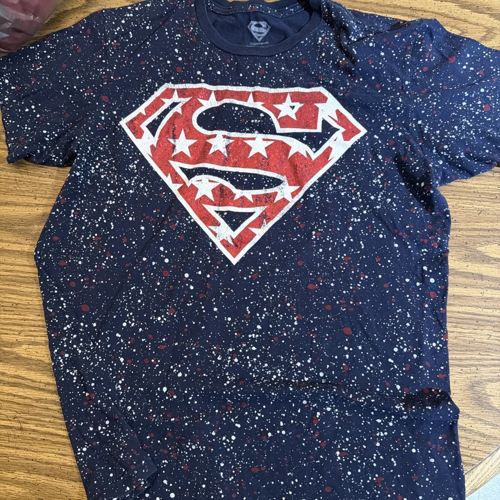 DC Comics Superman T-Shirt Mens Large Navy Blue Red White Star Splatter Print